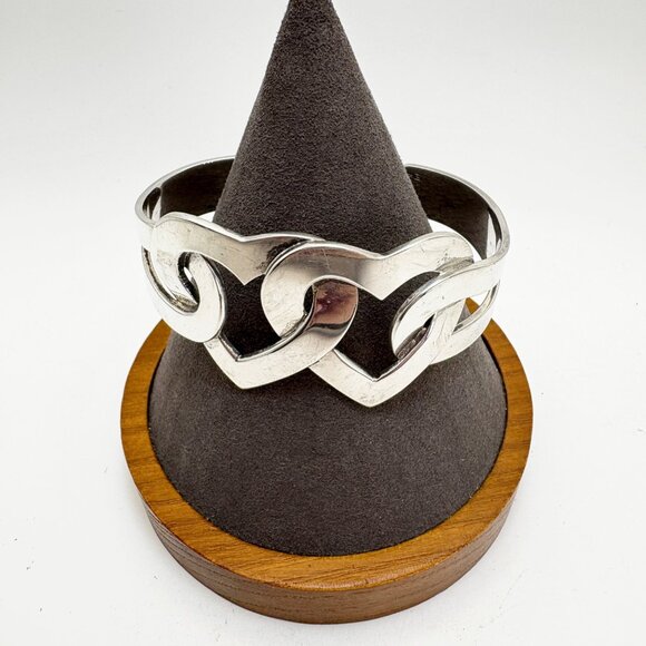 VTG Solid Sterling Silver 925 Heart Link Open Cuff Bracelet Size 7.5" Fit - Picture 1 of 14